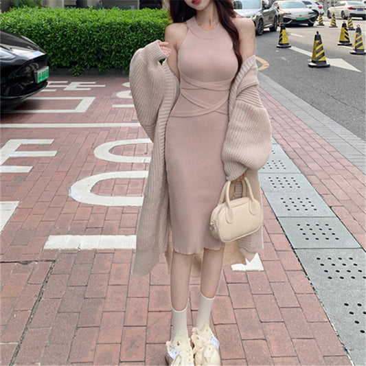 Chic & Cozy: Fall/Winter Pure Lazy Style Knit Skirt + Sweater Coat Set for Fashion-Savvy Women