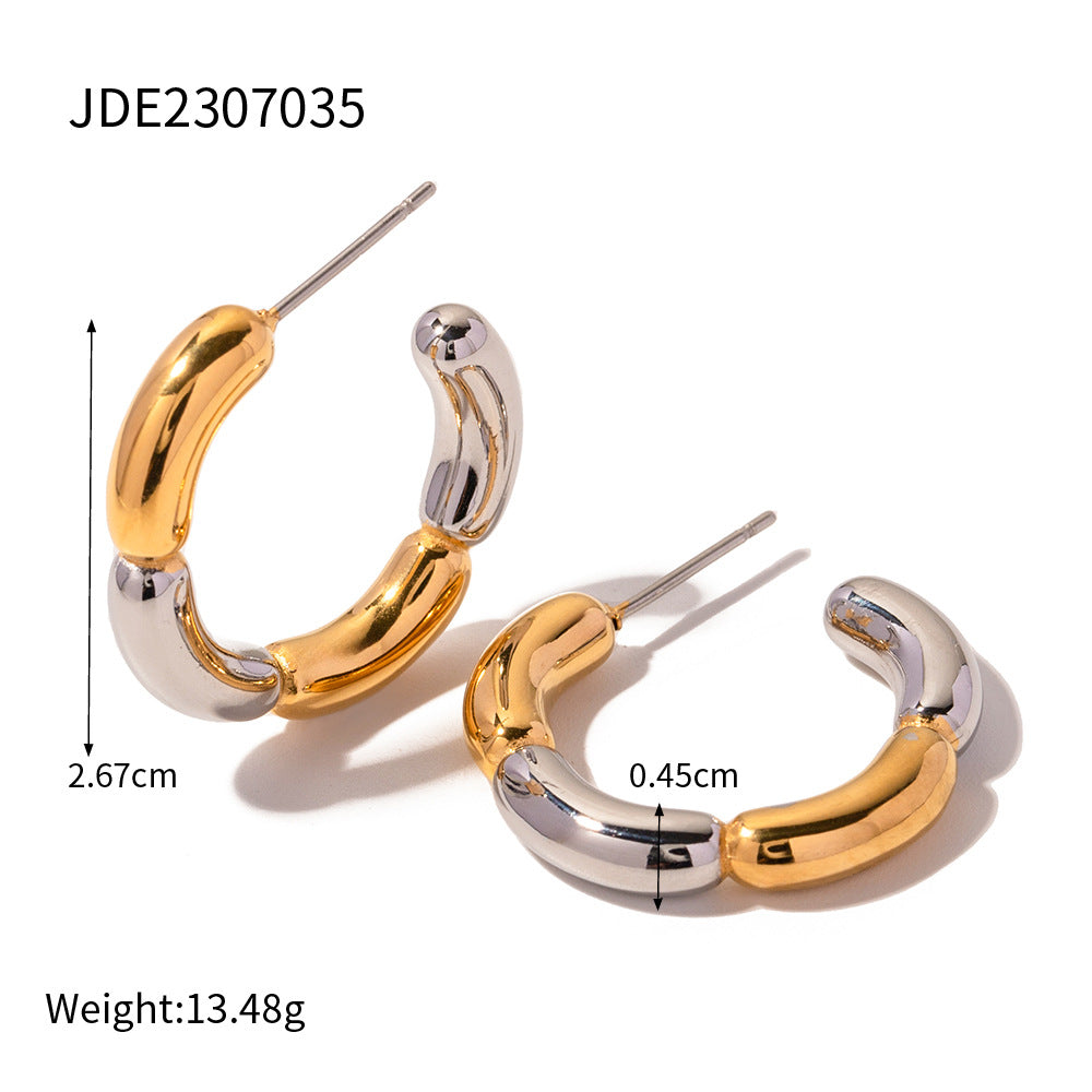 5pcs Geometric High Touch 18K Gold Stainless Steel Two-Color C-Shaped Flower Earrings Jewelry