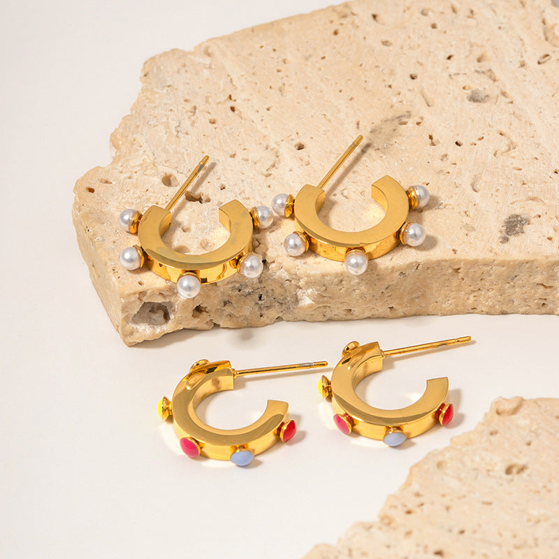 5pcs Earrings 18K Gold C-Shaped White Pearl Earrings High Design Non-Fading Earrings For Women