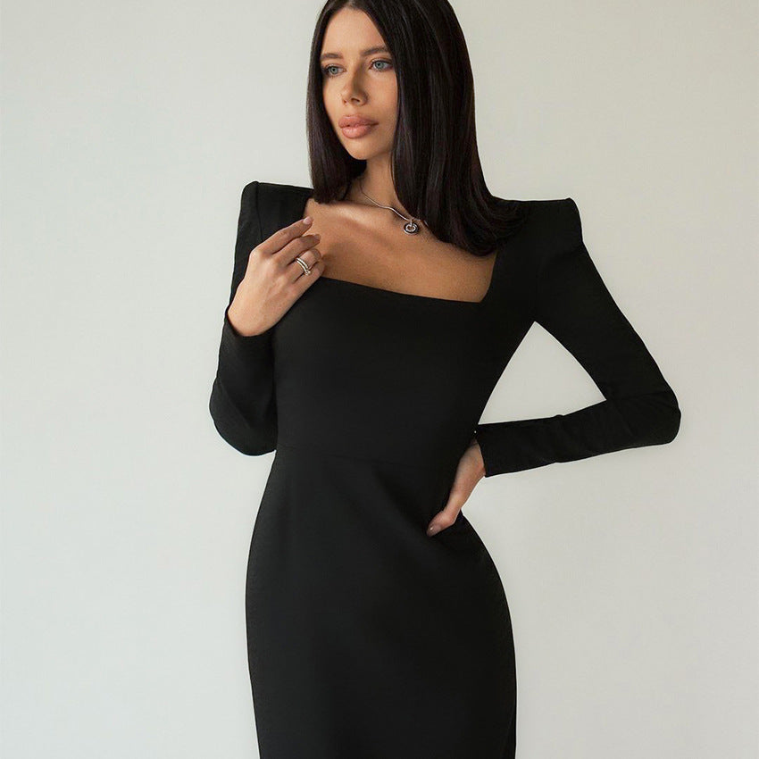 Autumn And Winter Women's Long Dress Square Collar Temperament Little Black Dress Slim-Fit Bag Hip Design Dress