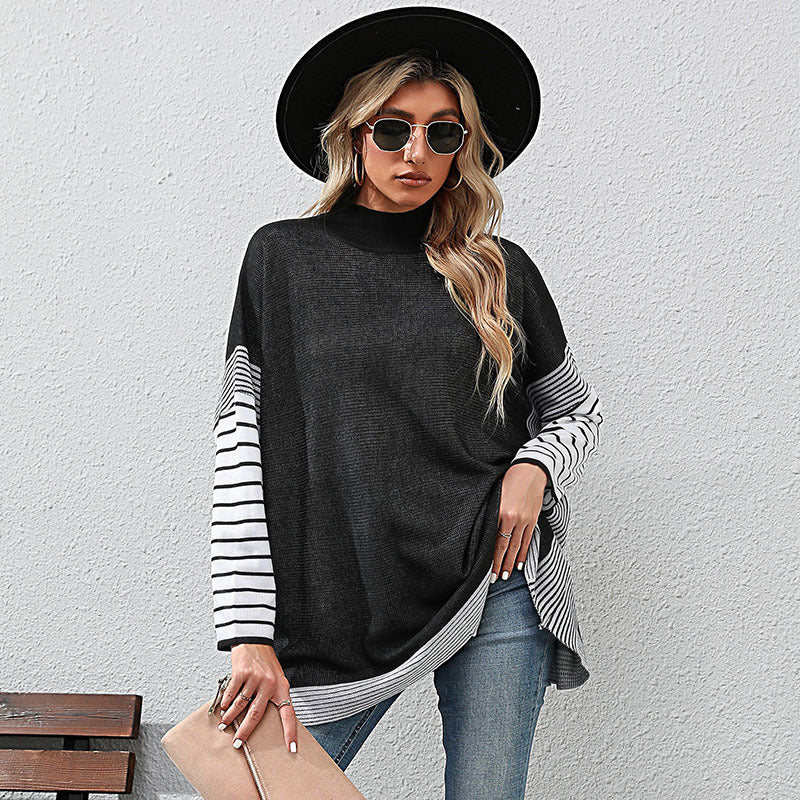 New Autumn And Winter Women's Long-Sleeved Striped Half-Turtleneck Loose Sweater