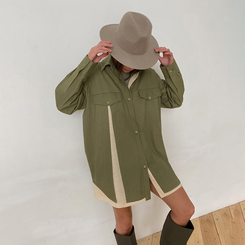 Fashion Long Sleeve Shirt Patchwork Color Contrast Niche Women's Retro Design Sense Shirt Dress Women's Wear