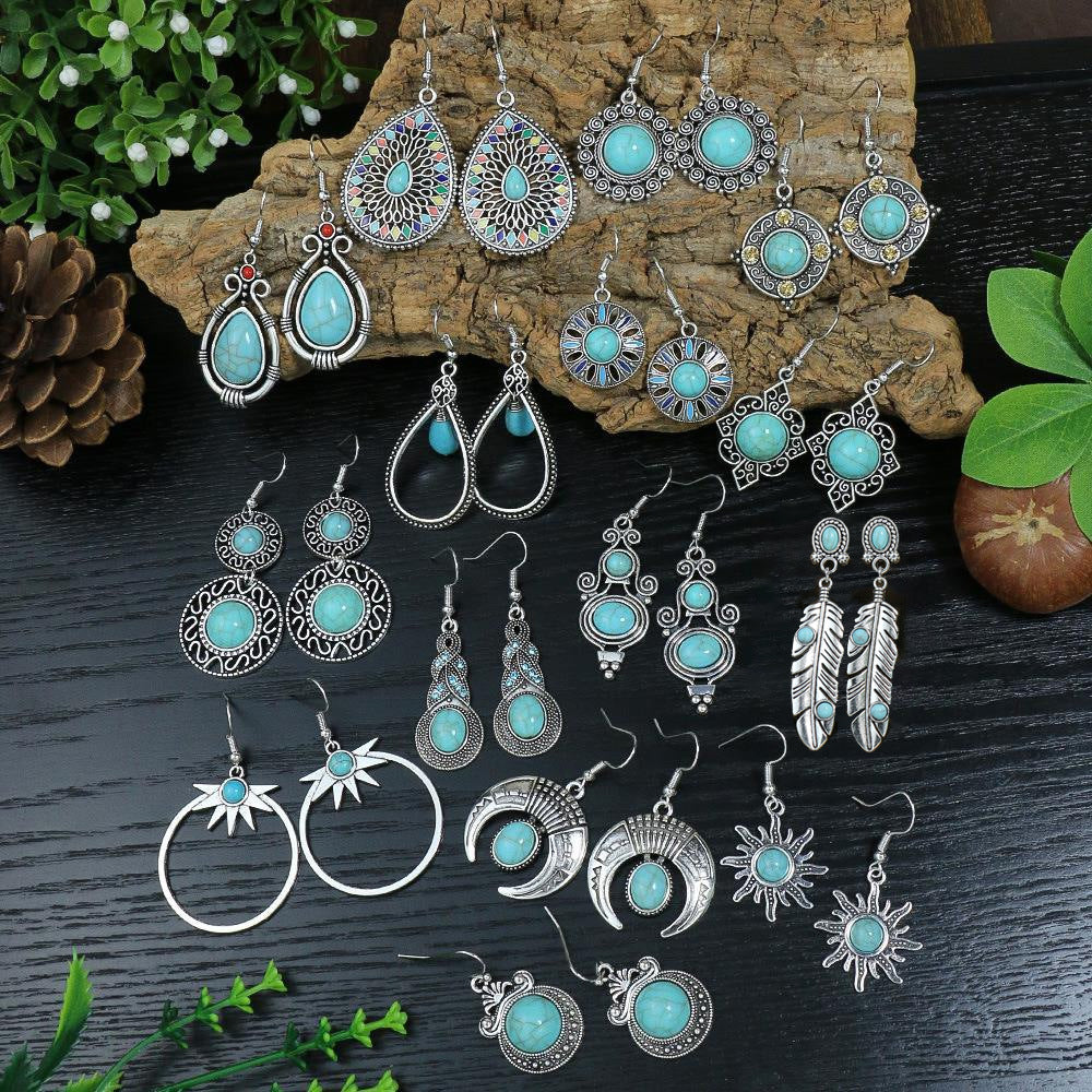 Turquoise Earrings New Bohemian Fringe Earrings Geometric Alloy Retro Style Exaggerated Earrings