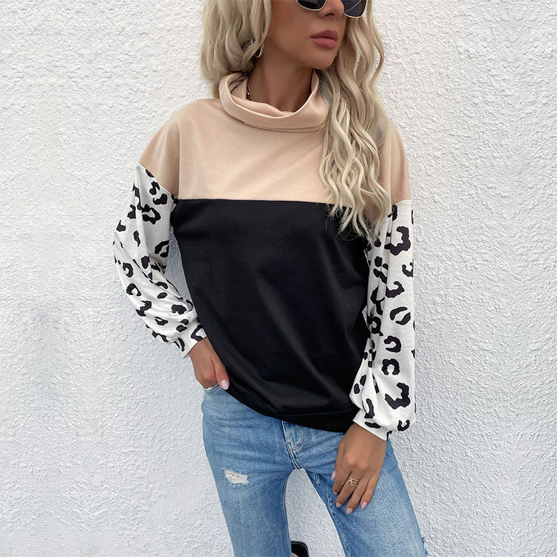 Autumn and Winter New Casual Leopard Print Jacket with Long-Sleeves and High-Neck Hoodie