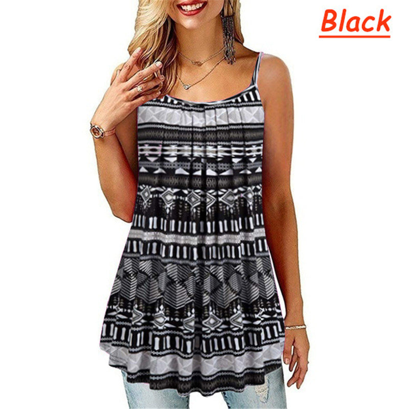Large Size Women's Digital Print Fold Big Swing Loose Halter Shirt
