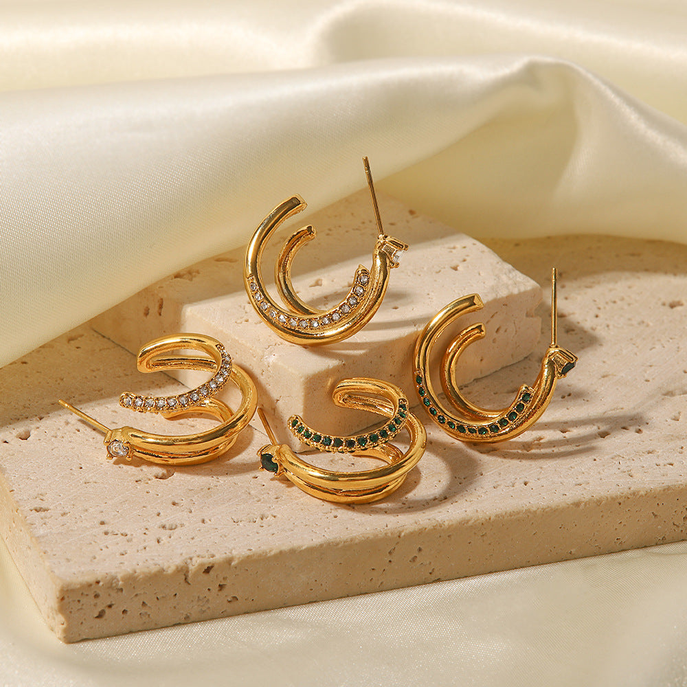 5pcs 18K Gold Plated Stainless Steel Triple Layer Green/White Cubic Zirconia Geometric Earrings