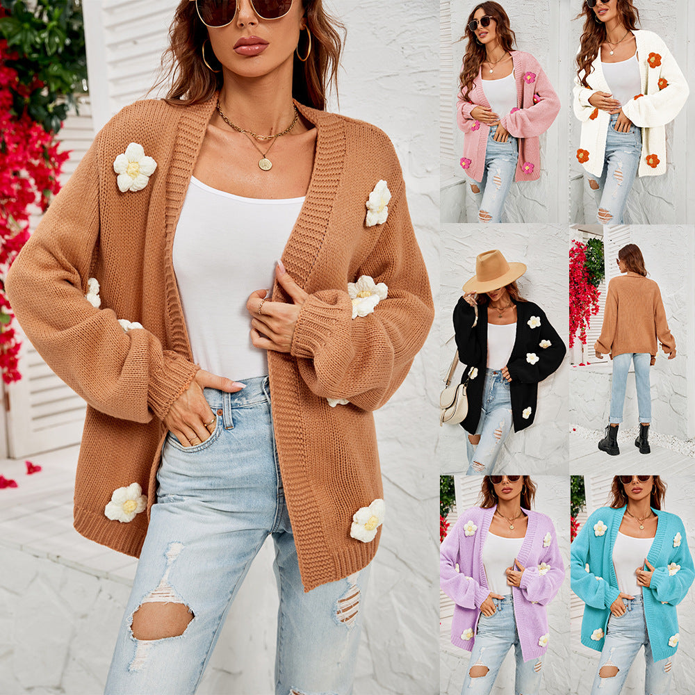 New Winter New Large Size Women's Clothing Flower Cardigan Lantern Sleeve Sweater Coat