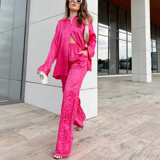 Women's Leopard Print Jacquard Spring And Autumn Long Sleeve Shirt Elastic Waist Loose Trousers Two-Piece Set