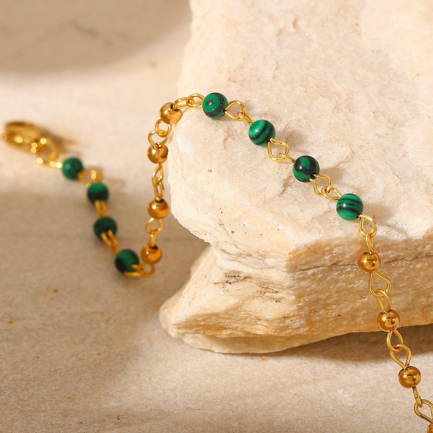5pcs Women's Bracelet Green Peacock Stone Round Bead 18K Gold Small Round Bead Geometric Bracelet Jewelry