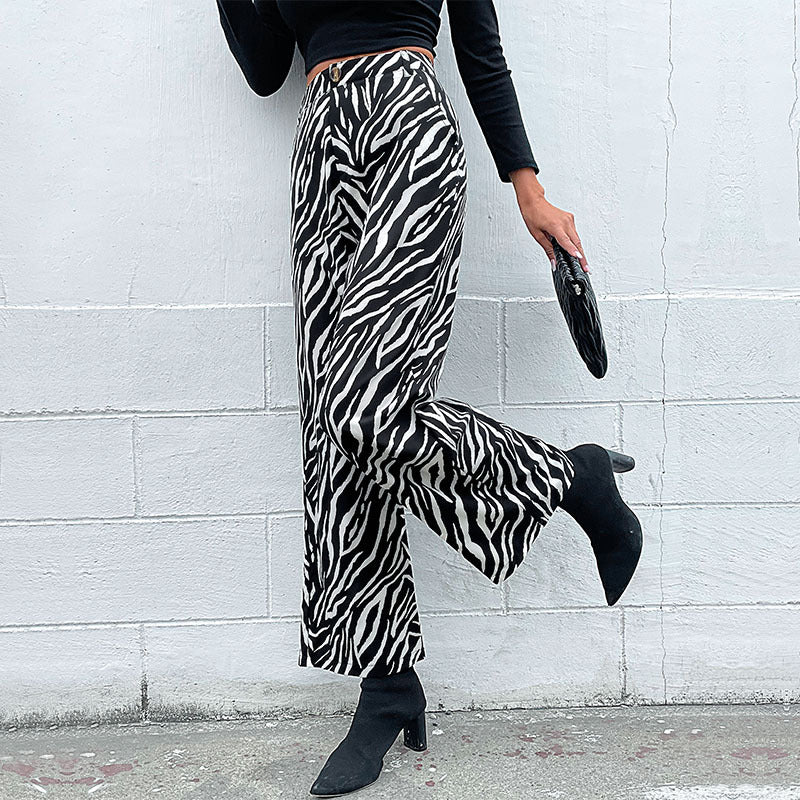 New Autumn Winter Casual Pants Commute Zebra Print Wide-Leg Pants Women