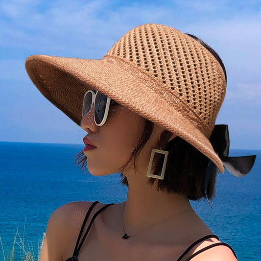 New Summer Hats Women's Sun Hat Empty Straw Hat Large Eaves Bow Foldable Beach Hat Sun Block Hat