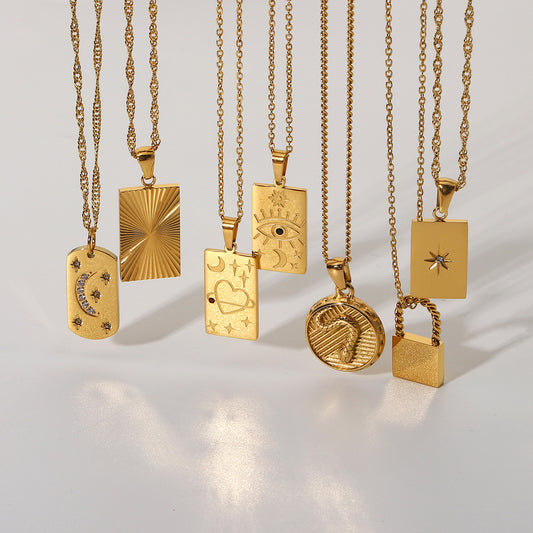 5pcs New 18K Gold Plated Stainless Steel Necklace Fashion Personality Necklace Square Tarot Stamp Pendant Necklace Jewelry