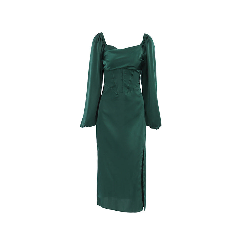 Slim-Fit Square Neck Puffy Sleeve Dress Satin Style Midi Dress With Slit A-Line Skirt For Women