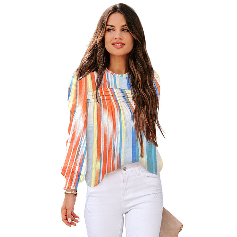 Thin Simple Striped Chiffon Shirt Women's New Autumn Pullover Round Neck Long Sleeve Blouse Women