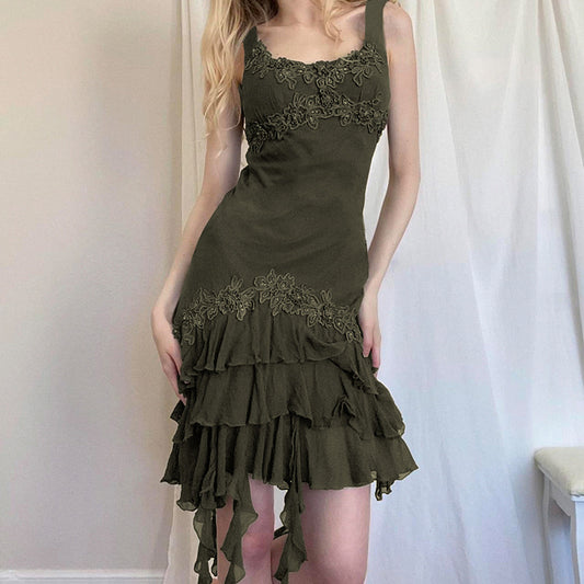 Waste Wind Flanged Irregular Halter Skirt Women's Long Layer Sense Waist Collection Bottom Dress
