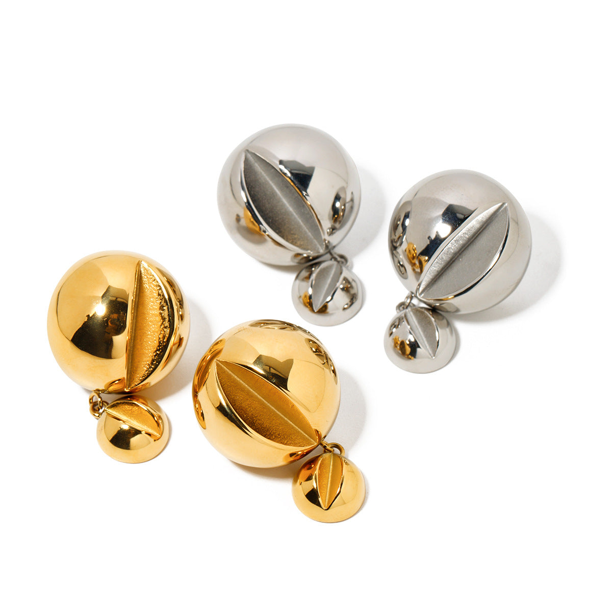 5pcs 18-Karat Gold Stainless Steel Bright Side Hemisphere Double Ball Pendant Earrings Stainless Steel Jewelry