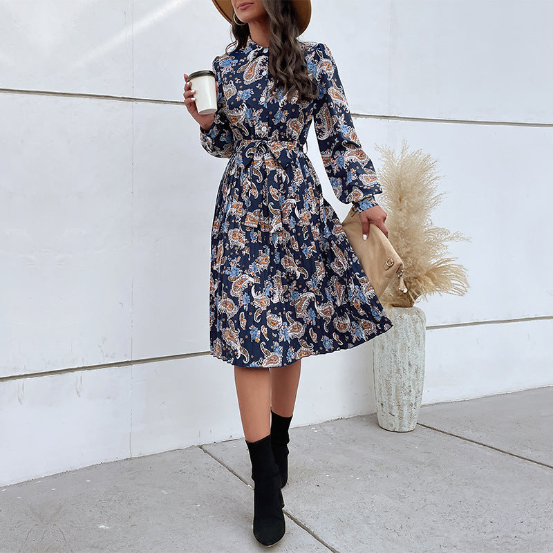 New Autumn And Winter Women's Long-Sleeved Lapel Floral Dresses
