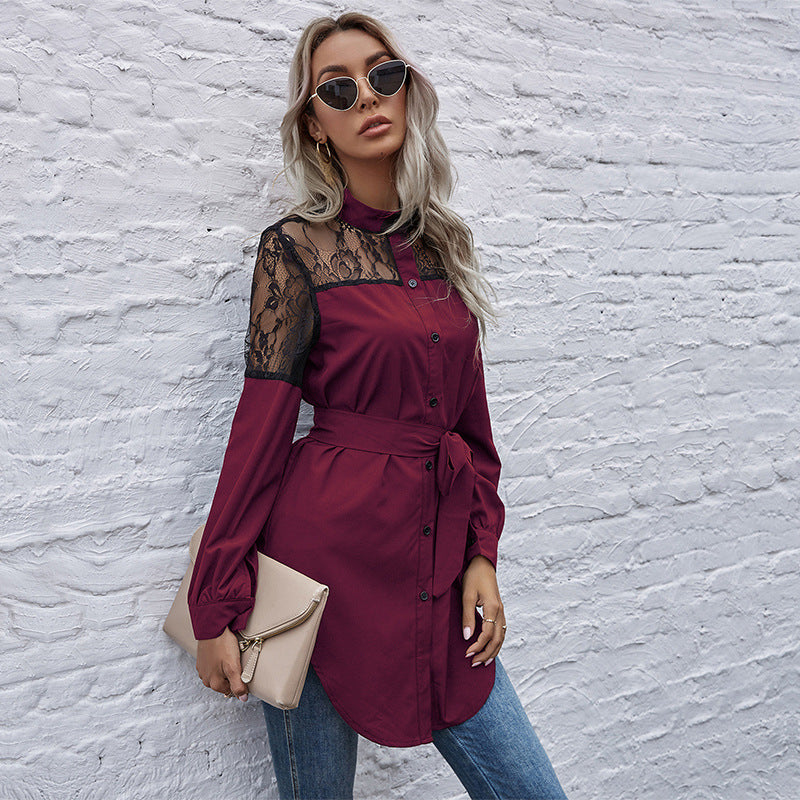 Solid Color Women's Long Round Neck Long Sleeve Waist Black Patchwork Lace Shirt