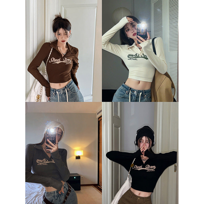 Retro Skinny Spice Girl T-Shirt Female Autumn Long Sleeve With Short Slim-Fit Base Shirt Early Autumn Chic Top