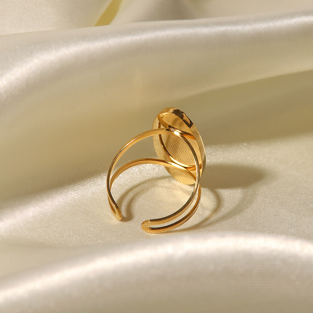 5pcs Vintage Style Niche Design Fritillion Ring 18K Gold Stainless Steel Oval Set Pearl Ring Opening Can Be