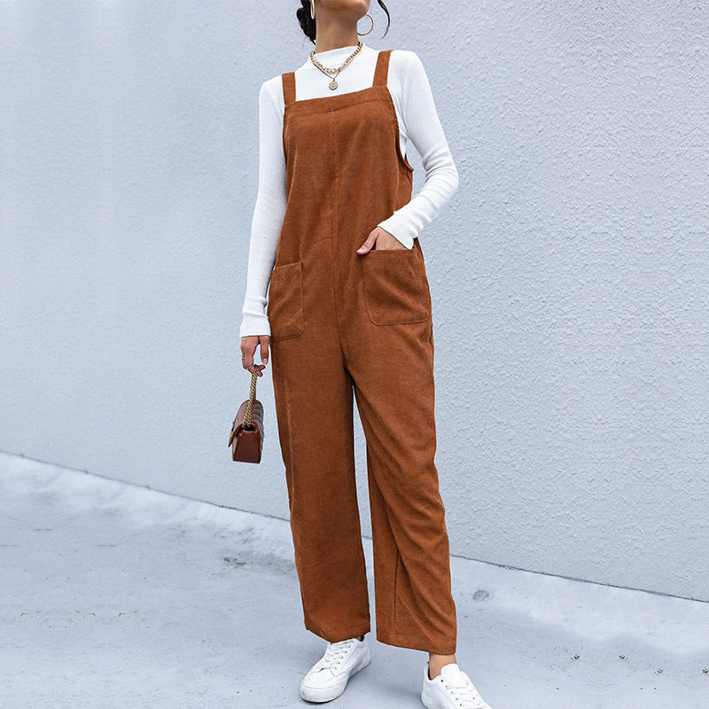 Autumn New  Women's Fashion Brown Loose Corduroy Suspenders