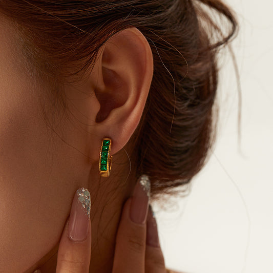 5pcs Elegant Vintage 18K Gold Stainless Steel Five Square Green Zircon Inlaid Thread C-Shaped Earrings Jewelry Women