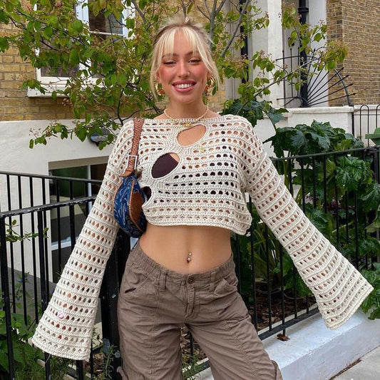 Summer New Spice Girl Style Fashion Sexy Irregular Hollowed Out Knitted Smock