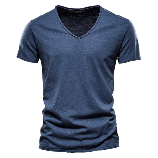Summer Men's New Solid Color Bamboo Cotton V-neck Short-sleeved T-shirt Cotton Hot Selling Men's Wear