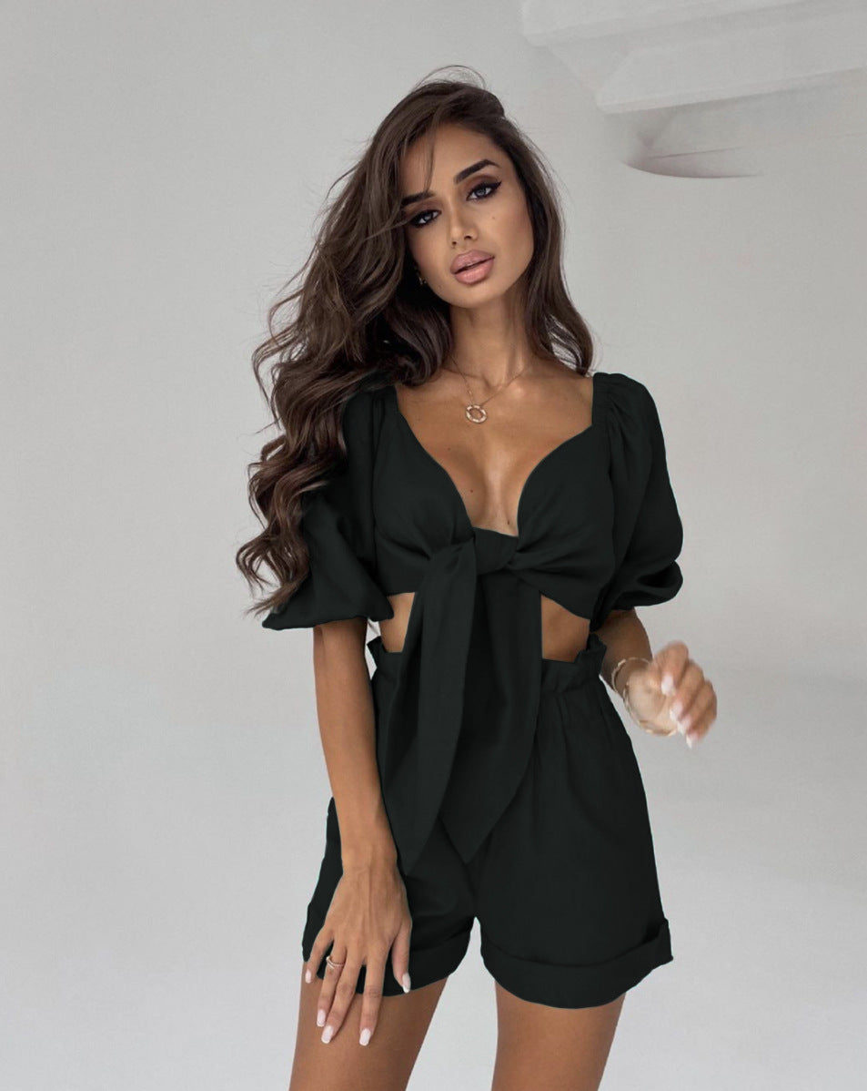 New Sexy Two-Piece Women's High-Waisted Shorts Cardigan Spice Girl Top Fashion Casual Suit