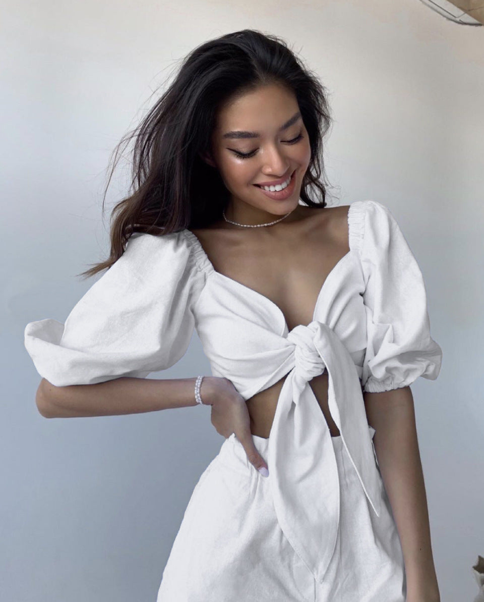 New Sexy Two-Piece Women's High-Waisted Shorts Cardigan Spice Girl Top Fashion Casual Suit