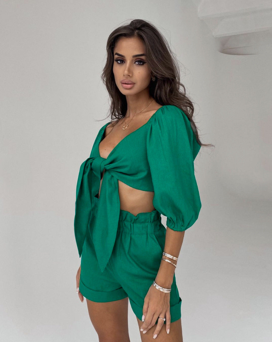 New Sexy Two-Piece Women's High-Waisted Shorts Cardigan Spice Girl Top Fashion Casual Suit