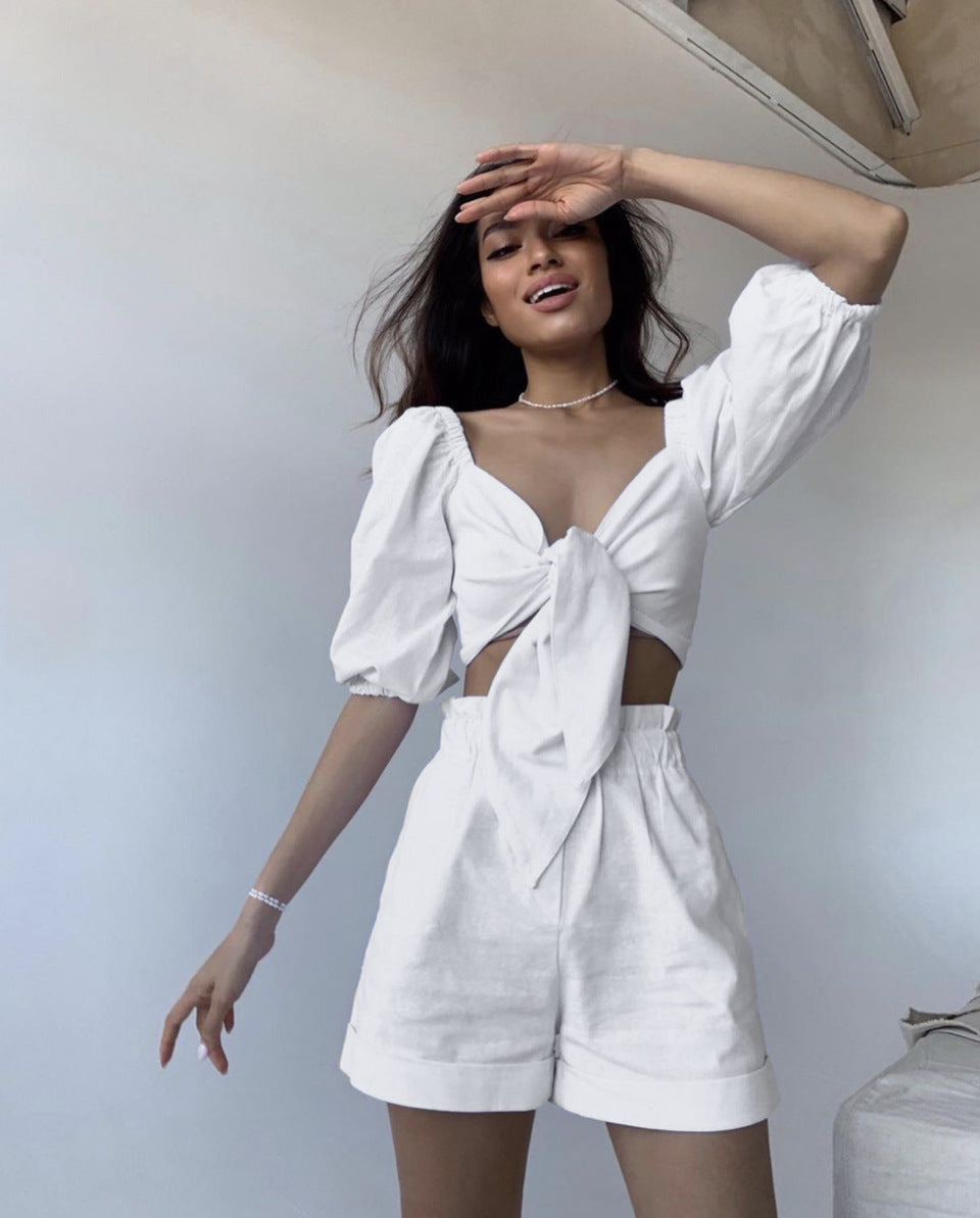 New Sexy Two-Piece Women's High-Waisted Shorts Cardigan Spice Girl Top Fashion Casual Suit