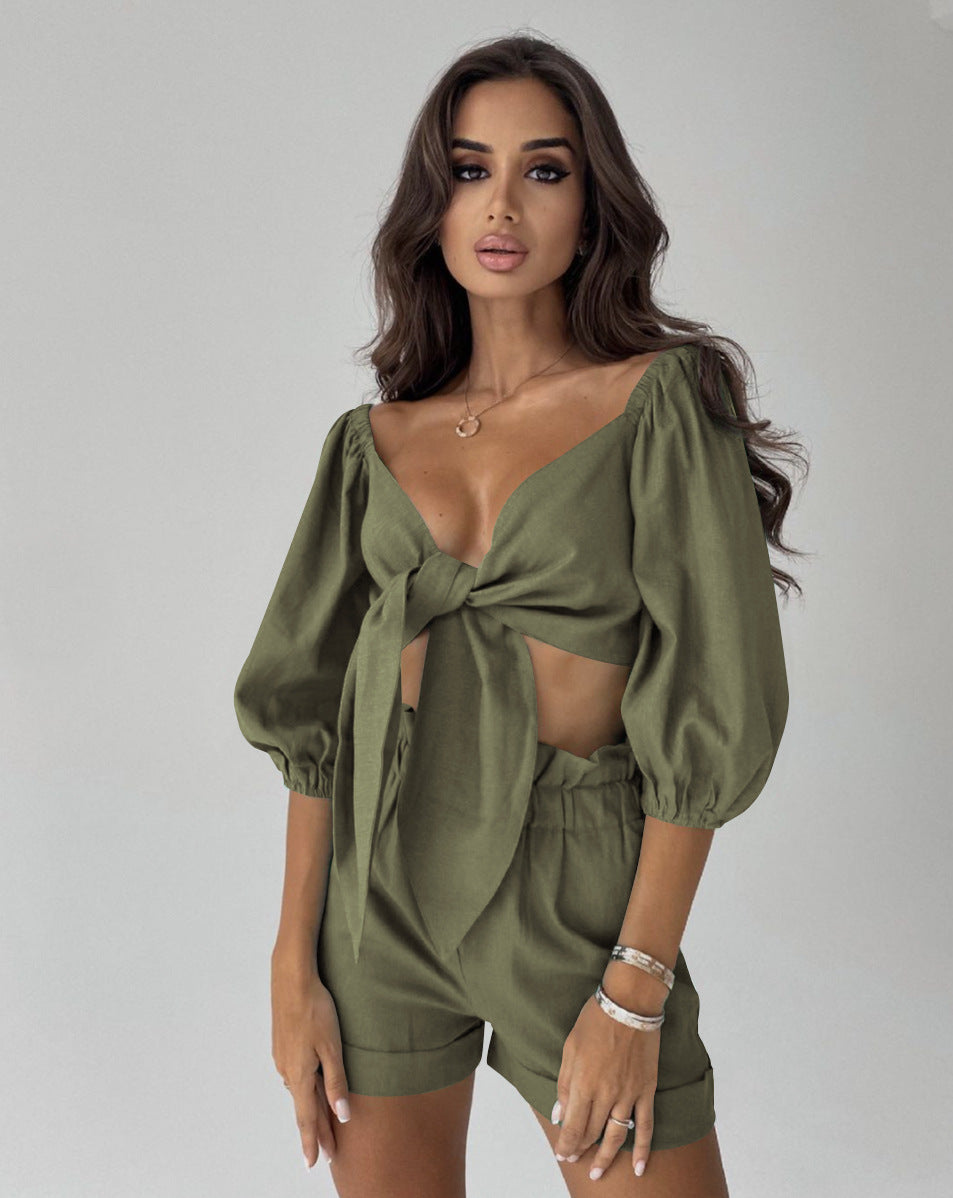 New Sexy Two-Piece Women's High-Waisted Shorts Cardigan Spice Girl Top Fashion Casual Suit