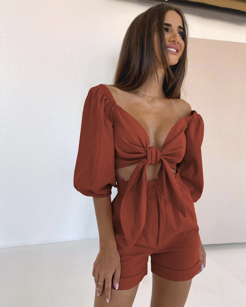 New Sexy Two-Piece Women's High-Waisted Shorts Cardigan Spice Girl Top Fashion Casual Suit