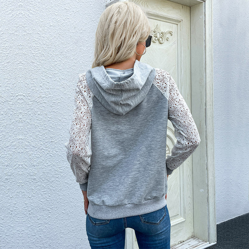 New Early Autumn  Women's Pullover Hooded Lace Stitching Hoodie Thin