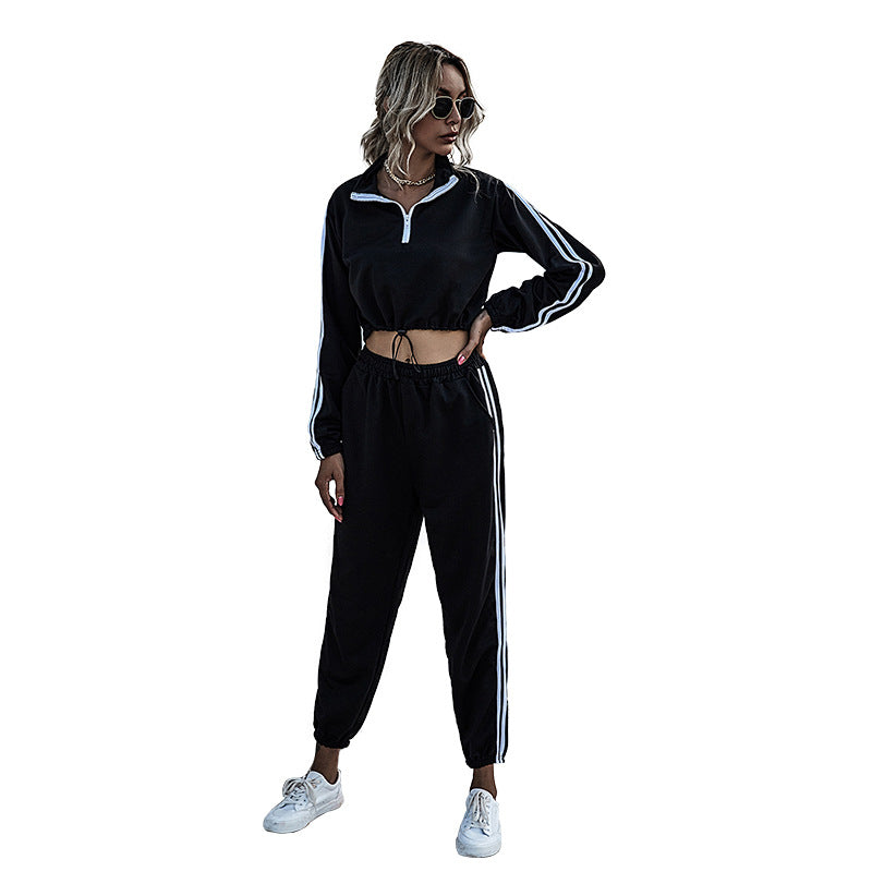 Striped Hoodie Set Female Fashion Short Top Casual Autumn And Winter Lazy Two-Piece Set
