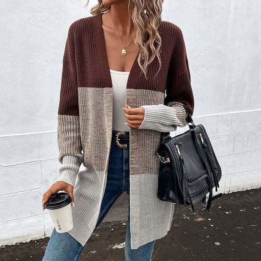 Fashion Women's Autumn And Winter New Long-Sleeved Color Long Sweater Cardigan Woman