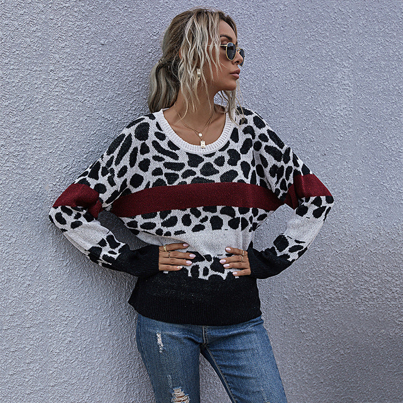 Autumn Loose Leopard Print Knit Crewneck Sweater for Women