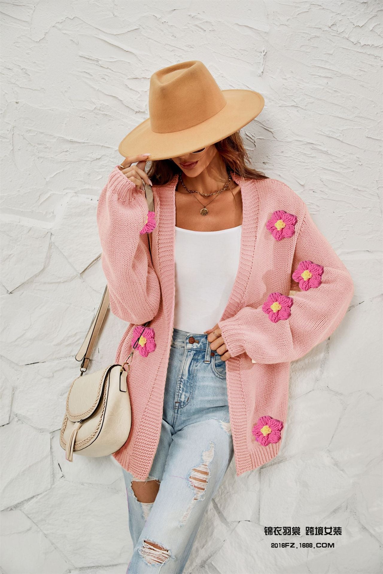 New Winter New Large Size Women's Clothing Flower Cardigan Lantern Sleeve Sweater Coat