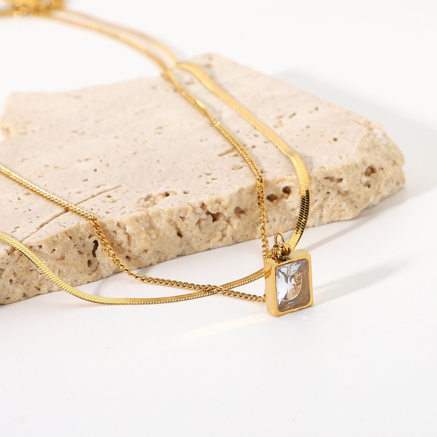 5pcs Women's Stainless Steel Jewelry Double 18K Gold Snake Chain Necklace Mini Exquisite Square Diamond Crystal Pendant Necklace