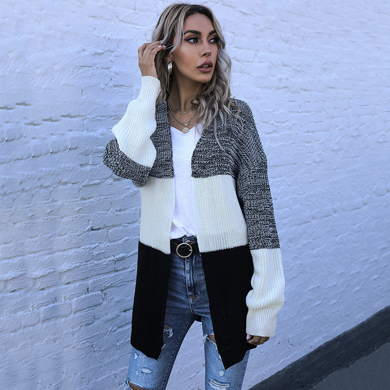 Autumn & Winter Long-Sleeved Match Color Loose Casual Women's Cardigan Sweater Coat
