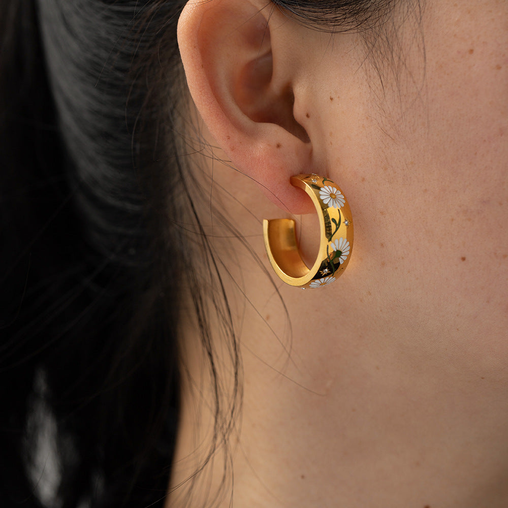 5pcs 18K Gold Plated Stainless Steel Large White Flower Earrings Do Not Fade Niche Design Earrings