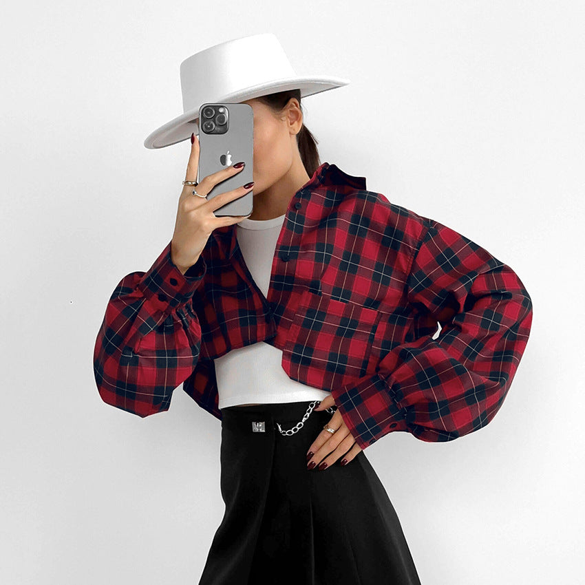 Retro Plaid Short Design Sense Long Sleeve Loose Shirt New Autumn Fashion Woman