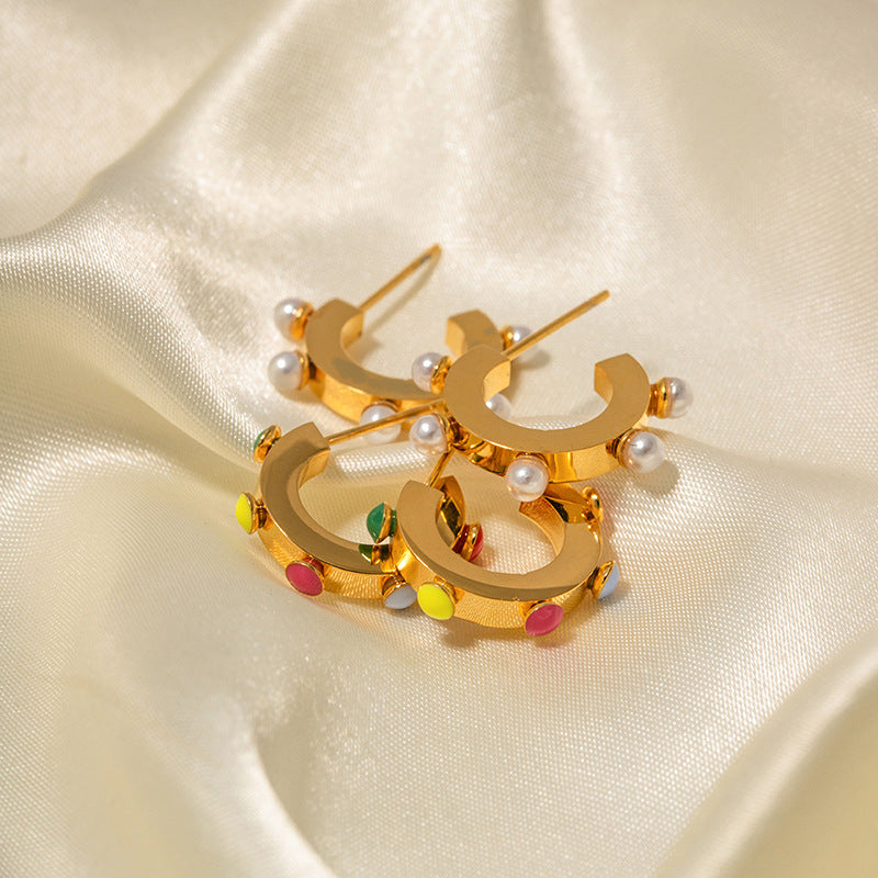 5pcs Earrings 18K Gold C-Shaped White Pearl Earrings High Design Non-Fading Earrings For Women