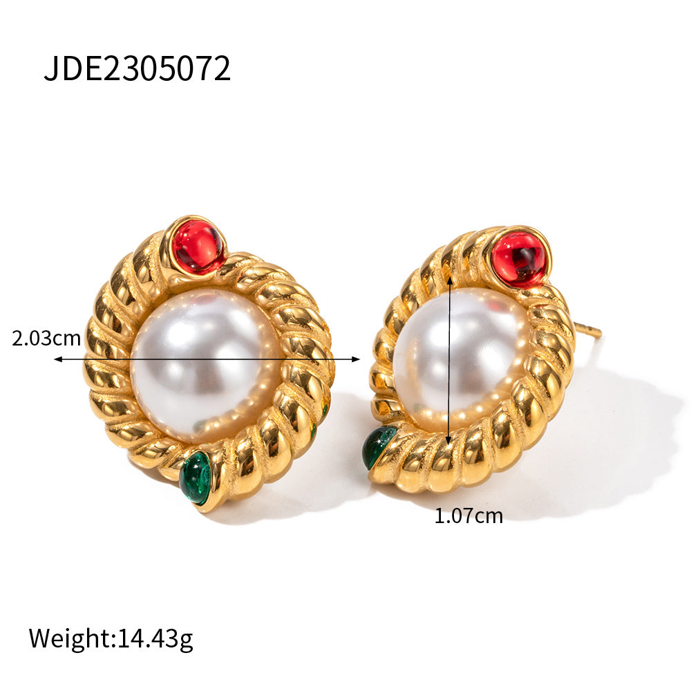 5pcs New All-Match 18K Gold Stainless Steel Symmetrical Texture Beaded Earrings Fashion Style Design Sense Earrings