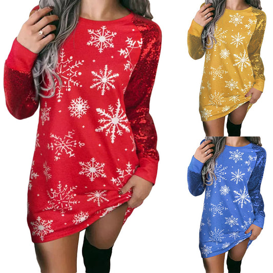 Autumn Winter Christmas Sparkly Color Snowflake Print Long-Sleeved Christmas Dress For Women