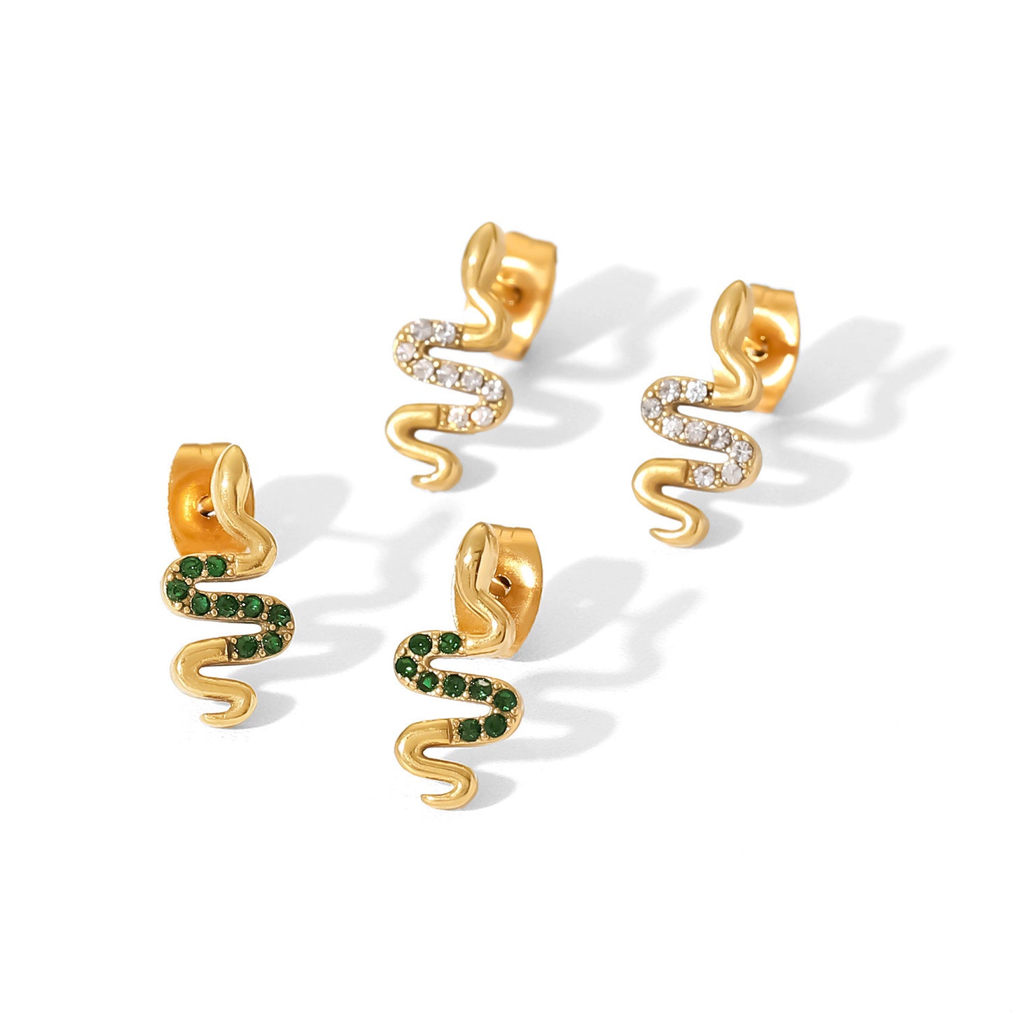 5pcs Stylish Vintage Earrings 18K Gold Stainless Steel Serpentine Earrings Set With Green/White Zircon Earrings For Women