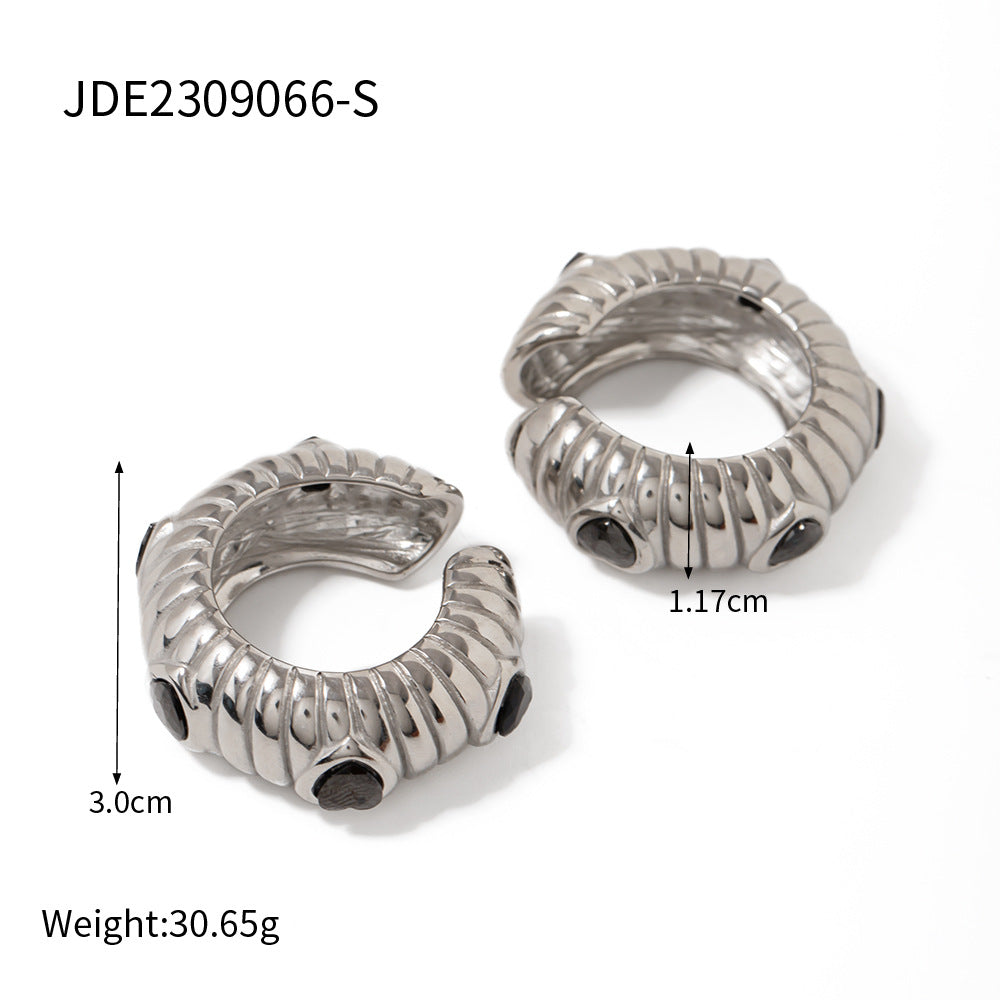 5pcs 18K Gold Stainless Steel Inlaid With Black Zircon Bread Earrings Do Not Fade Jewelry
