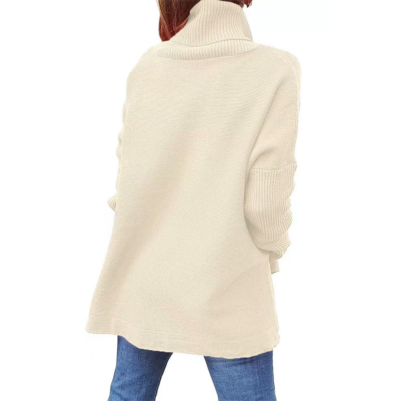 New Women's Turtleneck Oversized Sweater Mid-Length Batwing Sleeve Slit Hem Tunic Jumper