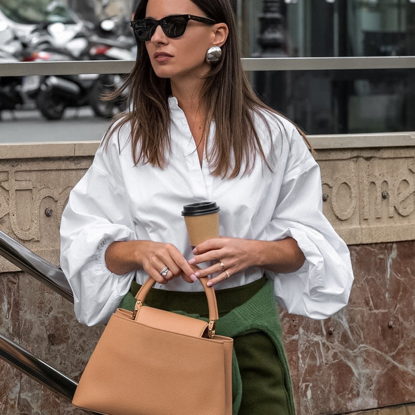 Spring Fashion Temperament Sense Small Stand Collar Lantern Sleeve Cardigan Shirt White Cotton Simple Shirt Woman